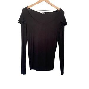 JACK by BB Dakota Medium Black Ribbed Shirt Long Sleeve Ruffle Shoulder Knit Top